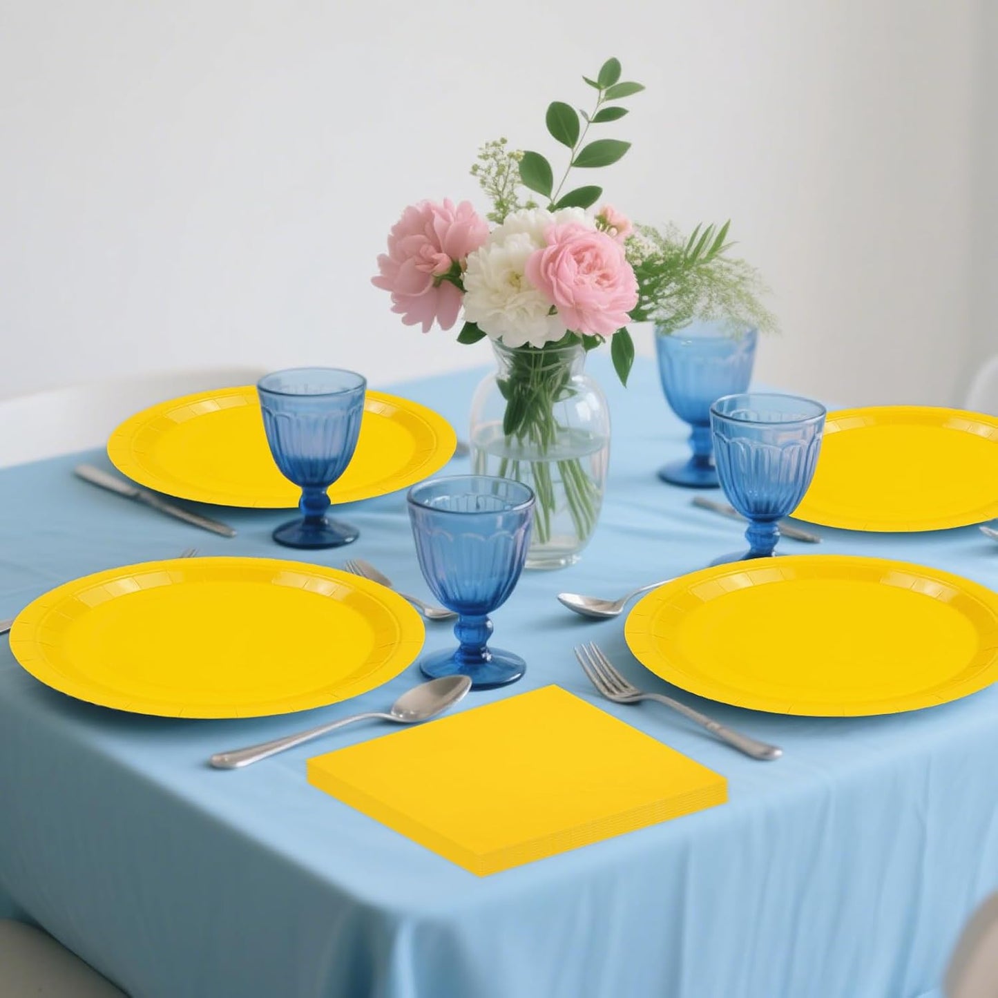 50PCS Yellow Paper Plates and Napkins Decorations, 7Inch Solid Yellow Dessert Plates Disposable Cake Plate Tableware Set Party Supplies for Birthday Anniversaries Baby Shower Wedding