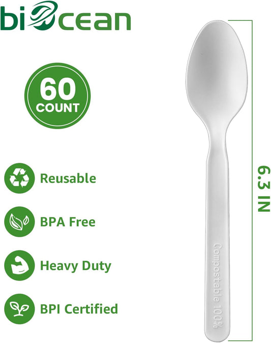 100% Compostable Spoons 60 Count Disposable Soup Spoons Heavy Duty Utensils Disposable Silverware Eco Friendly Flatware for Party Camping Picnics Wedding-Ivory White