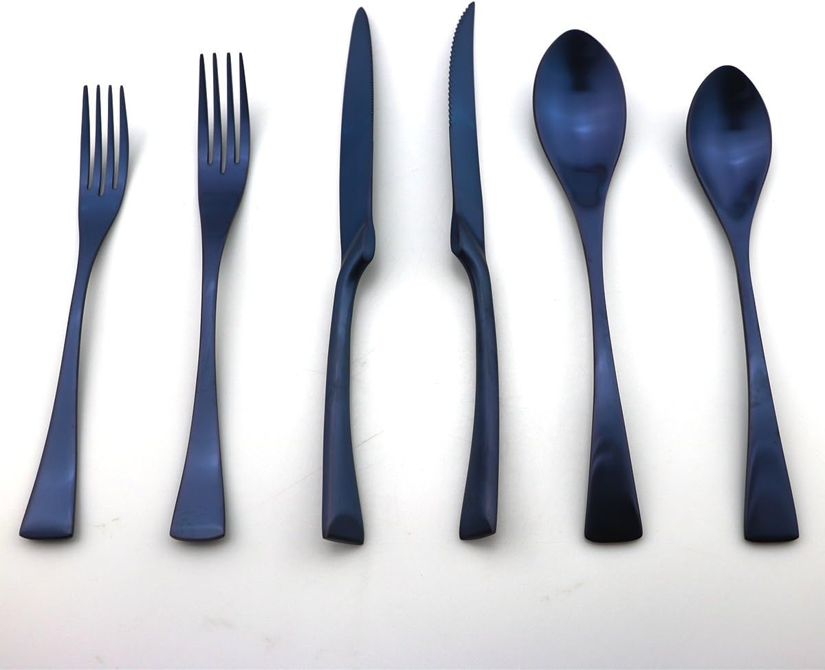 JASHII Luxury 24 Pieces 18/10 Stainless Steel Silversmiths Flatware Blue Matte Replace Titanium Black Silverware Set DISHWASHER SAFE Utensils,Dinner Knife STEAK Knife Fork DINNER DESSERT Spoon