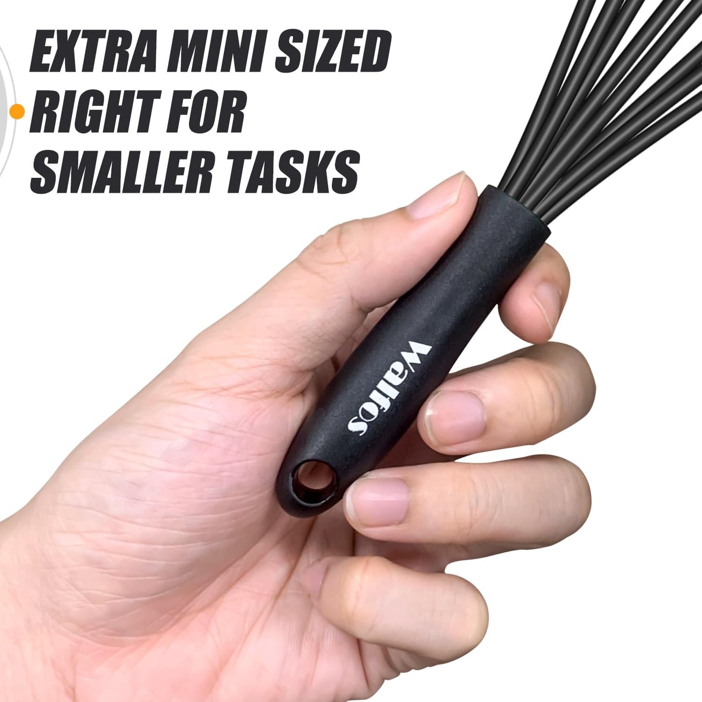 Walfos Whisk 5+7in/12cm+17cm Mini Whisk,Silicone Whisks Non Scratch Heat Resistant (480°F). Nice for stirring individual eggs and mixing small amounts of powder and sauce.Dishwasher Safe.Black