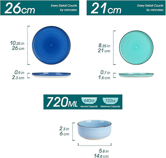 vancasso Bonita Dinnerware Sets 18 Pieces, Blue Stoneware Dishes Set for 6, Plates Set and Bowls Sets, Dishwasher and Microwave Safe