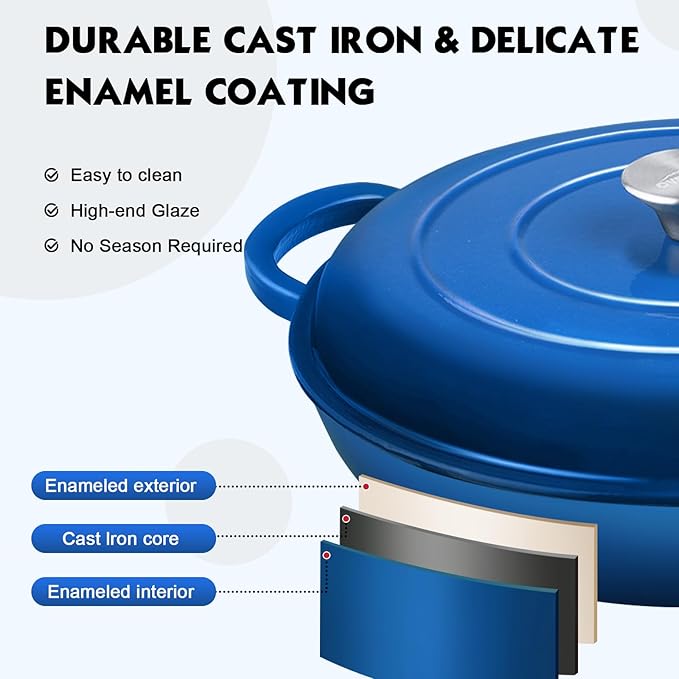 Overmont Enameled Cast Iron Dutch Oven - 3.8 Quart Dutch Oven Pot with Lid - Shallow Cookware Braising Pan - Cast iron Casserole with Cookbook & Heat-resistant Caps - Oven Safe up to 500° F