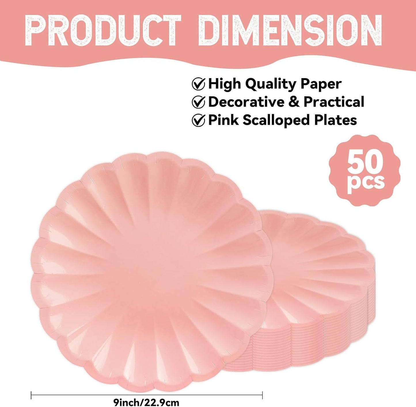 50Pcs Large Scalloped Light Pink Paper Plates 9Inch Shell Edge Dinner Plates for Cake Salad Fruit Disposable Dinner Serving Plates for Birthday Wedding Baby Shower Party Decorations