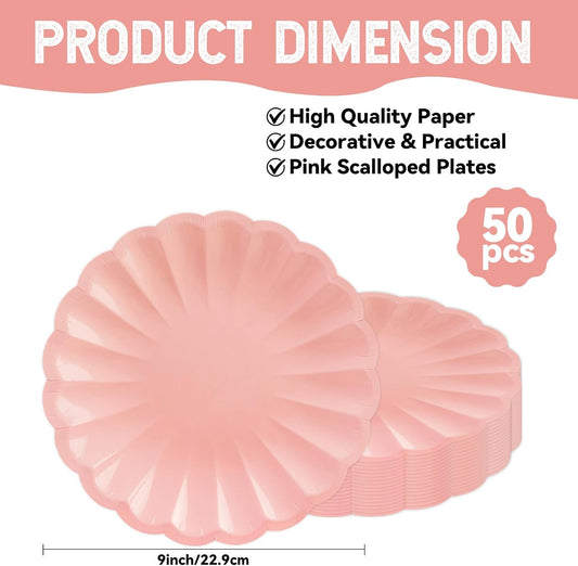 50Pcs Large Scalloped Light Pink Paper Plates 9Inch Shell Edge Dinner Plates for Cake Salad Fruit Disposable Dinner Serving Plates for Birthday Wedding Baby Shower Party Decorations