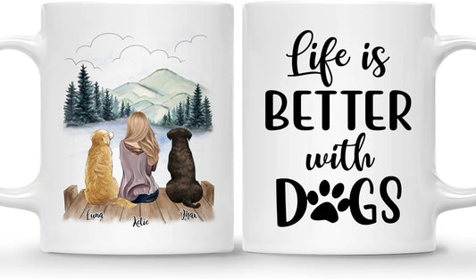 Gossby Personalized Dog Themed Mug - Life is Better with Dogs (Girl - 2 Dogs) - Customized Dog Lover Mug for Dog Mom - 11oz, 15oz