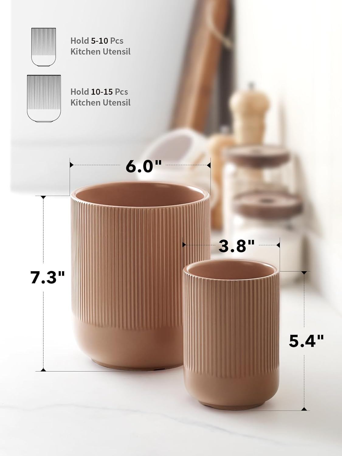 LE TAUCI Utensil Holder, 7.3"+5.4" Ceramic Kitchen Utensil Holder for Countertop, Large Cooking Utensil Crocks for Kitchen Counter, Modern Utensil Organizer for Spatula, Set of 2, Dusty Pink