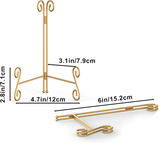 Gold Plate Stand, 6 Inch Decorative Holder for Displaying Platters, Heavy-Duty Metal Easel Stand for Picture, Photo Frame, Books and Round Objects