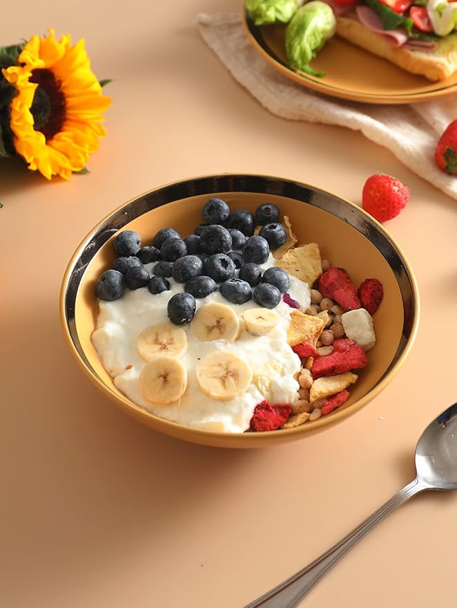 Bestone 16 Piece Round Kitchen Dinnerware Sets,Plates and Bowls sets,Dishes, Plates, Bowls, Mugs, Dish Set，Plates and Bowls,Service for 4, Stoneware (round, green and gold rim)