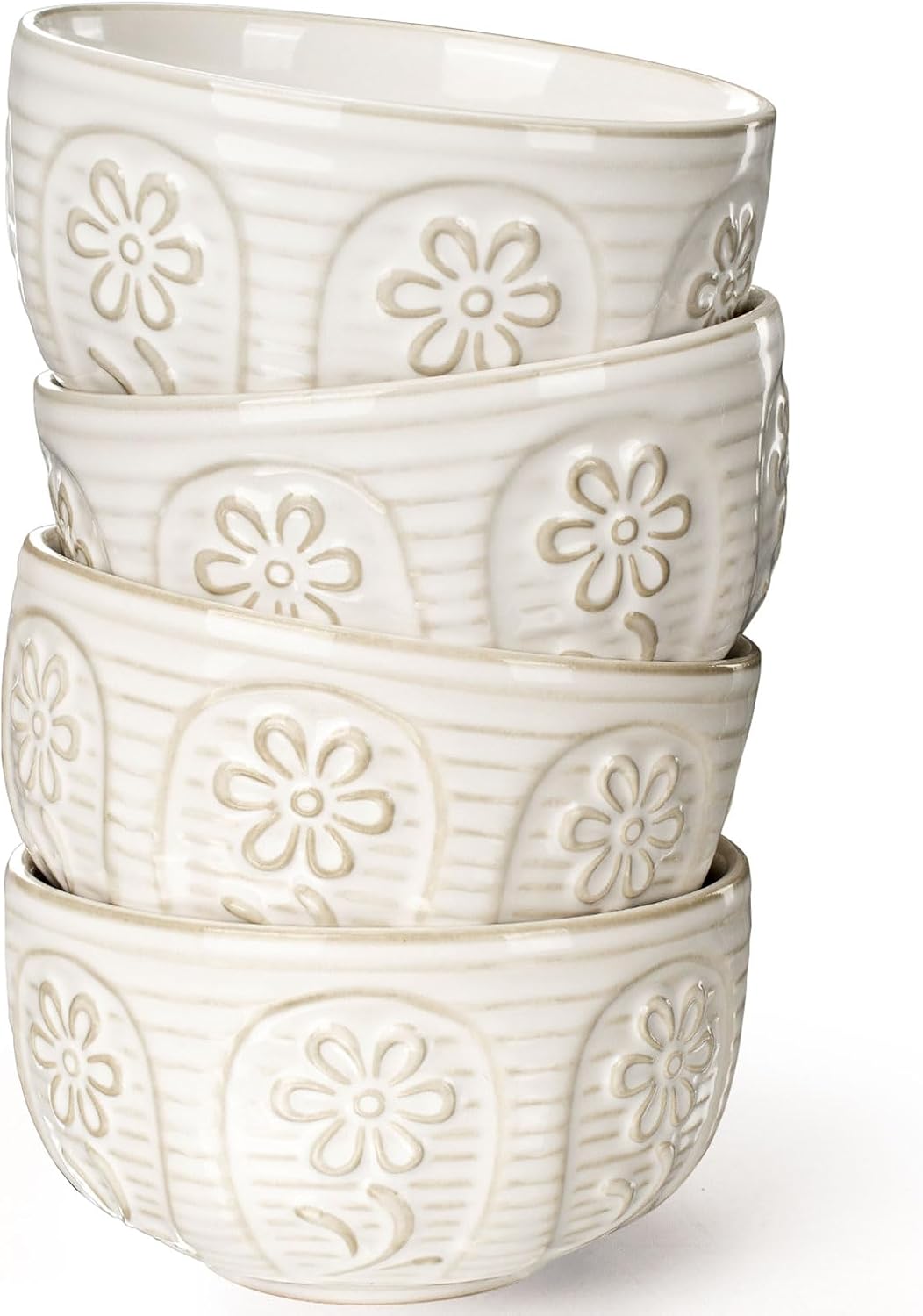 Artena Small Bowls Set of 4, 12 oz Ceramic Embossment Dessert Bowls, white Bowl for Kitchen, Ice Cream, Side Dishes, Rice, Cereal, Fruit, 4.5 Inch, Microwave & Dishwasher Safe, Pinwheel Flower