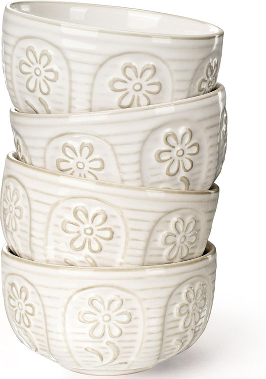 Artena Small Bowls Set of 4, 12 oz Ceramic Embossment Dessert Bowls, white Bowl for Kitchen, Ice Cream, Side Dishes, Rice, Cereal, Fruit, 4.5 Inch, Microwave & Dishwasher Safe, Pinwheel Flower
