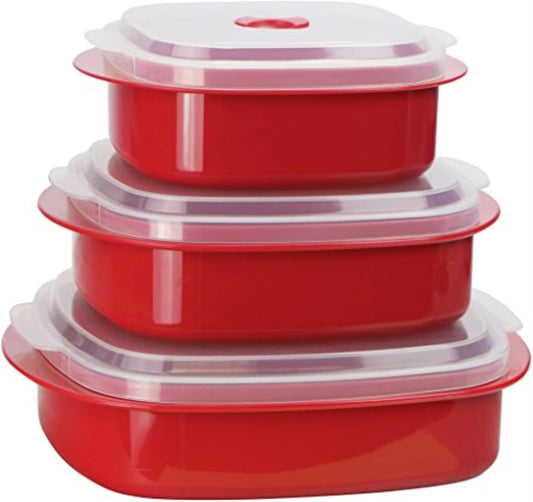 Reston Lloyd Nesting Microwave Containers, Set of 3, Adjustable Steam Vents, Airtight, Meal Prep, Durable BPA-Free Plastic- Freezer & Dishwasher Safe, Cookware & Food Storage, Anyday Cookware, Red