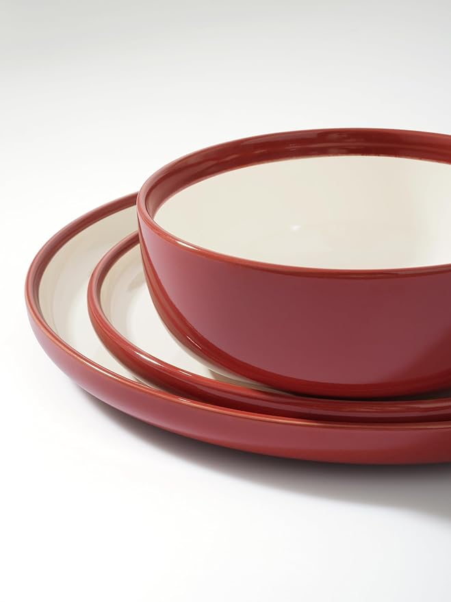 Famiware Lake MacDonnell Plates and Bowls Set for 4, 12 Pieces Dinnerware Sets, Handcrafted, Stoneware Dishes Set, Red and Beige
