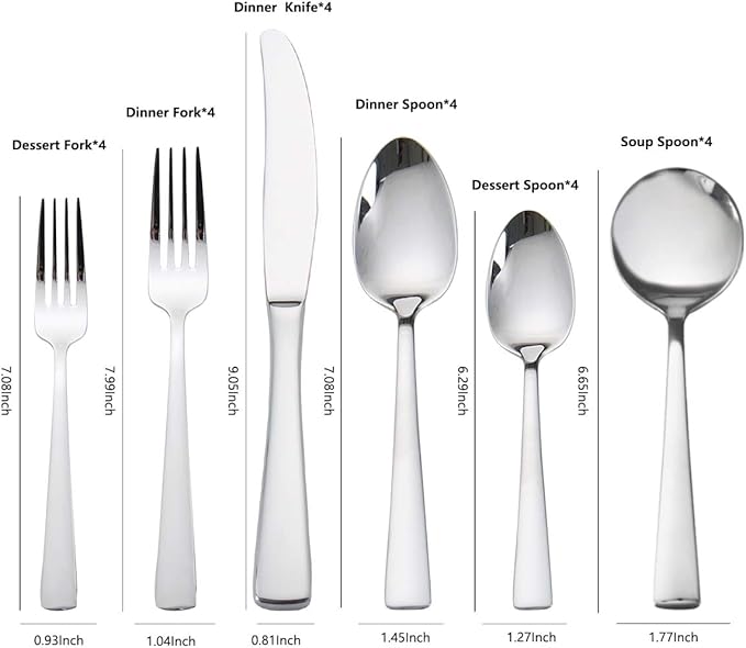 faderic Cutlery Set, 24 Piece Stainless Steel Silverware Set With Soup Spoons for 4, Flatware Set, Silver