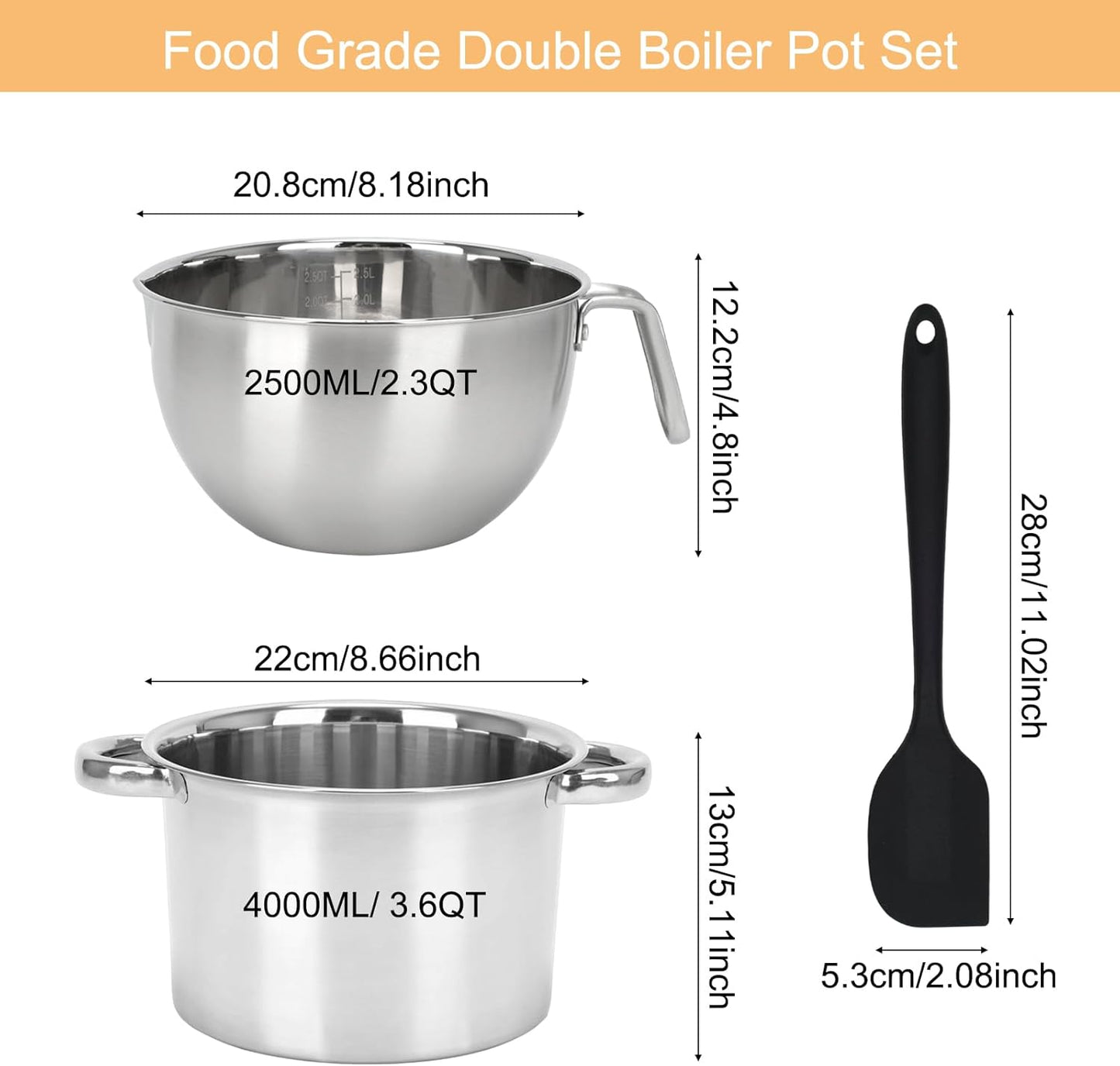 3PCS Double Boiler Pot Set, 2500ML/2.3QT Mixing Bowl with Scale 4000ML/ 3.6QT Stainless Steel Heating Pot with Silicone Spatula for Cheese Chocolate Candy Candle Soap Wax Melting (2500ml+4000ml)