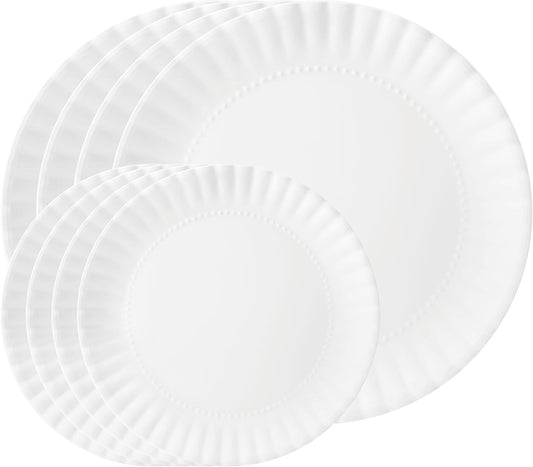 TP 8-Piece Melamine Plates Set, 10.5" & 8" Lightweight Reusable Dinner Plates for Picnic, Party & Outdoor Dining, Unbreakable Dishwasher Safe Tableware, White