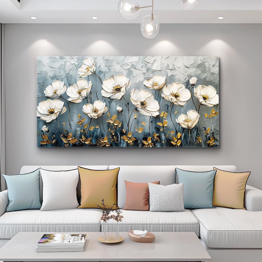 QIYILEXWART Canvas Wall Art For Living Room Wall Decor For Bedroom Office Wall Decoration Textured White Flower Landscape Painting Farmhouse Pictures Artwork Room Aesthetic Home Decor 20x40 In