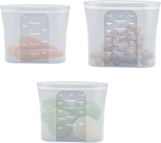 Silicone Storage Bag Reusable Food Storage Bag Silicone Snack Bag Pet Food Bag 17oz/34oz/50oz, 3pcs, White, BPA Free Wide Base Stand-Upright Freezeable Microwaveable Dishwasher