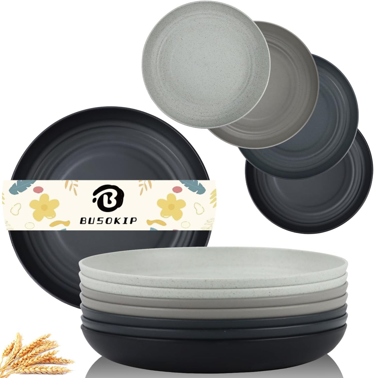 Wheat Straw Plates 10 Inch Dinner Plates Set of 8, Lightweight and Unbreakable Plastic Plates Reusable, Microwave & Dishwasher Safe Kids Plates (Black, Grey)