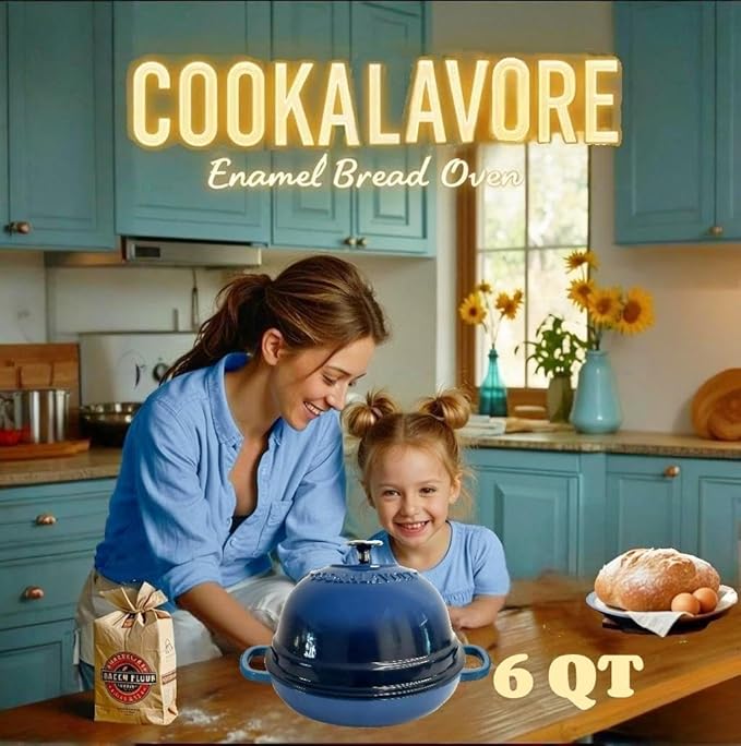 Dutch Oven for Bread Baking,6 Quart Enamel Bread Oven for Sourdough,10.5"Bread Oven with Lid,Bread Pans for Homemade Bread,Blue Thick Enamel Bread Pan-with Silicone Baking Mat&Recipe,Gifts for Family