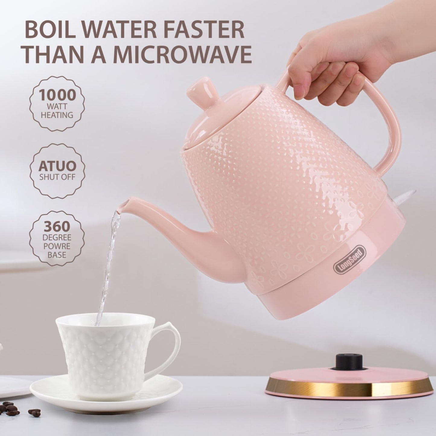 1.2 Liters Ceramic Electric Kettle Pot, Boil Water Quickly and Easily with Boil-Dry Protection, Auto Shut Off, Detachable Swivel Base, Graceful Gooseneck Teapot 1000W, Pink