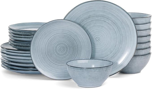 famiware Tempus Plates and Bowls Sets for 8, 24 Pieces Stoneware Dinnerware Sets, Dishes Set, Reactive Glaze Dishware Sets, Dishwasher & Microwave Safe - Pearl Blue