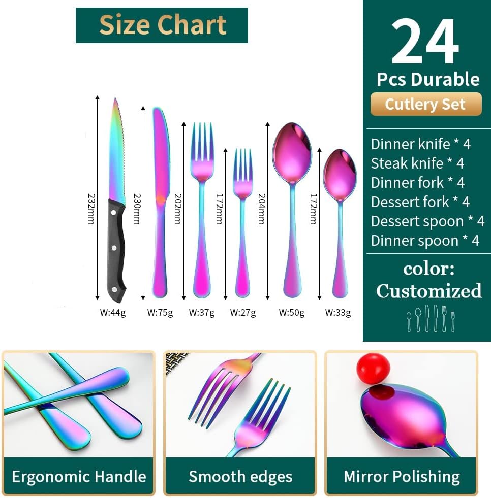 Rainbow Silverware Set For 4 Cutlery Stainless Steel Flatware 24 Piece Colorful Knives Fork Spoon Dishwasher Safe Eating Utensils For Festival Parties Restaurant