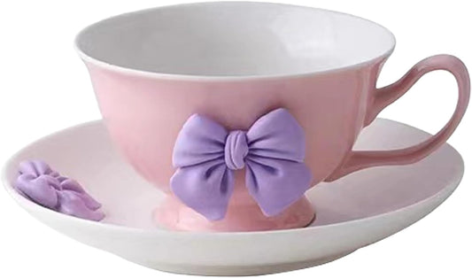 200 ML Violet Bow Coffee Mugs Set with Saucer Coquette Mug Porcelain Coffee Tea Cup Bow Cute Mug for Women Girl