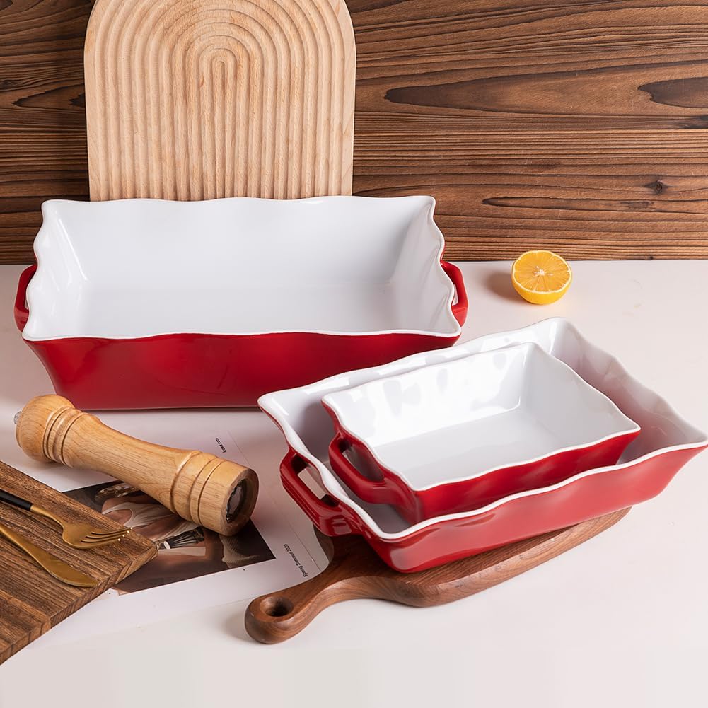 Sweejar Casserole Dishes for Oven, Ceramic Bakeware Set of 3, Rectangular Baking dish with Handles, Wave Edge Lasagna Pan Deep for Cooking, Cake, Dinner, Banquet and Daily Use (Red)