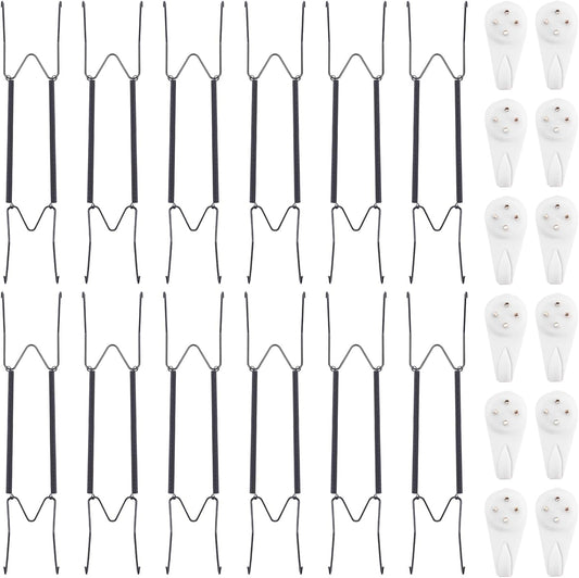 Bilillo 12 Pack Spring Plate Hangers for The Wall, Invisible Heavy Duty Wire Holders with 12 Pcs Wall Hooks, Fit 16"–20" Decorative Plates, Platters, Dishes, Black Stainless Steel