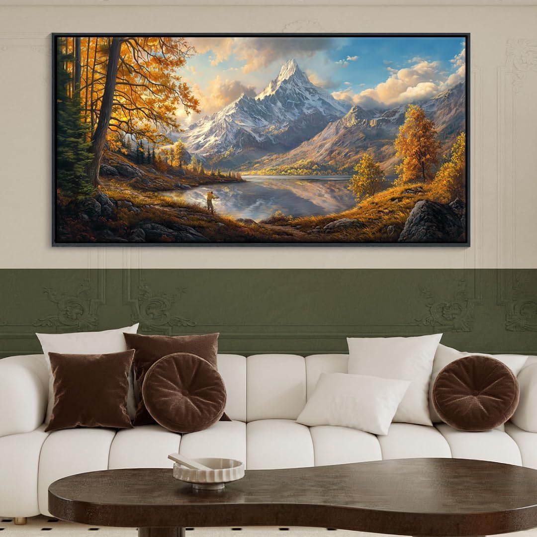 YCPRIMER Fall Canvas Wall Art - Large Mountain Lake Paintings Wall Decor, Panoramic Artwork for Walls, Pictures for Living Room Bedroom Dining Room, Ready to Hang, 24Lx48W