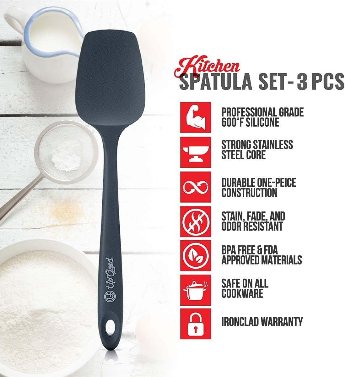 UpGood Silicone Spatula Set 600°F - High Heat Resistant Nonstick, Small and Large Kitchen Spatulas - Flexible BPA Free Professional Grade Cookware - Utensils for Cooking, Baking, Mixing(3 Pcs, Grey)