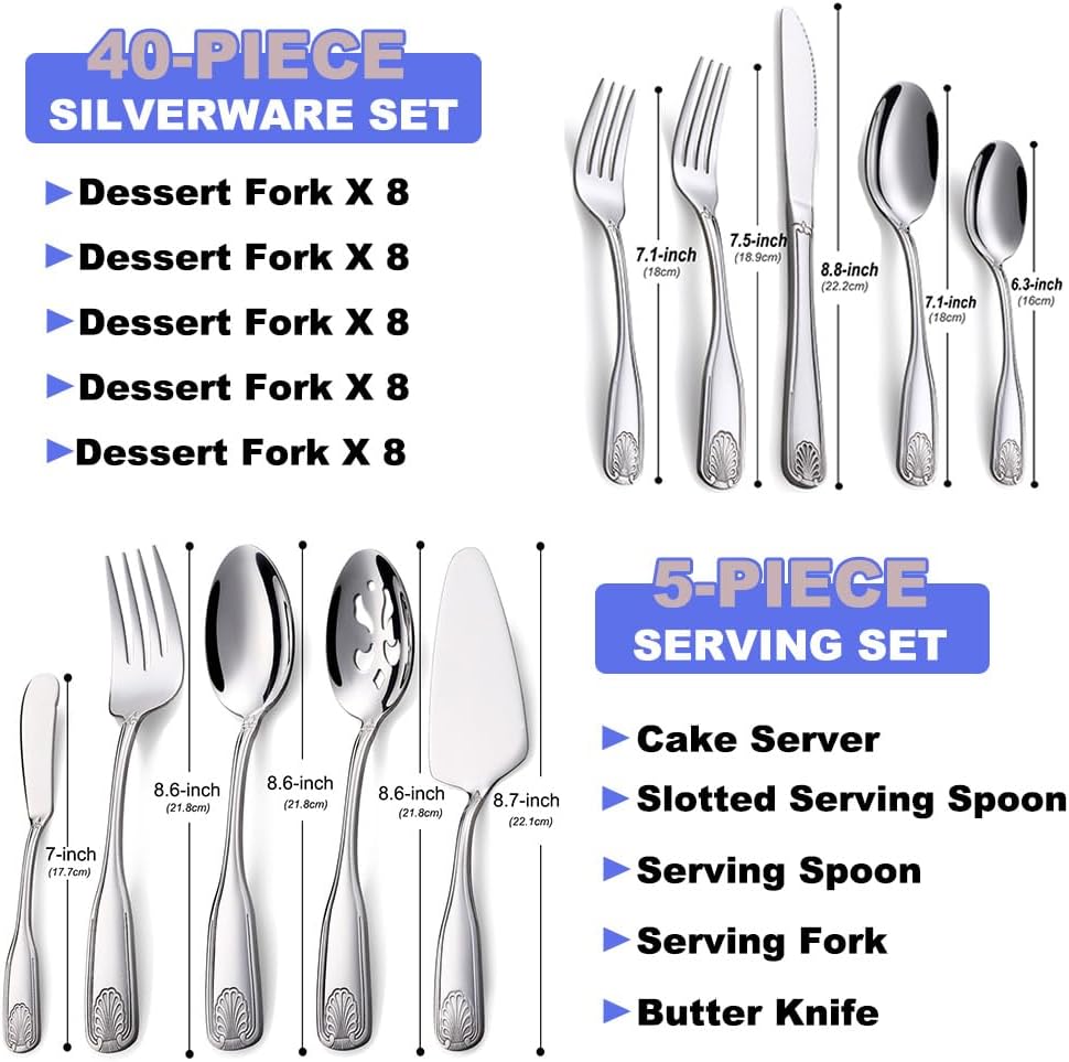 45 Pieces Silverware Set with Serving Utensils, Stainless Steel Flatware Serving Set for 8, Dinnerware Cutlery Set, Shell Pattern & Mirror Polished, Dishwasher Safe