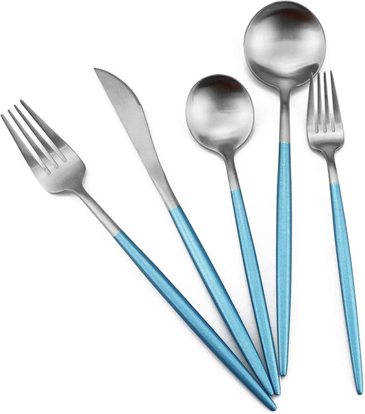 Gugrida Luxury Flatware, Royal 5 Piece Matte Blue Handle 18/10 Stainless Steel Tableware Sets for 1 Including Forks Spoons Knives, Camping Silverware Travel Utensils Set Cutlery (Blue Silver)
