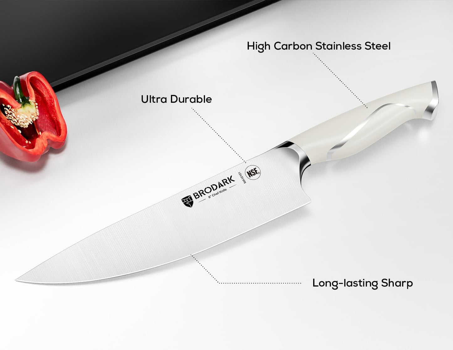 BRODARK Kitchen Knife Sets with Block and Built-in Sharpener - 15 Pcs Full Tang Professional Chef Knife Set - NSF Certified Food Grade Stainless Steel Cutlery Set - Ivory Series