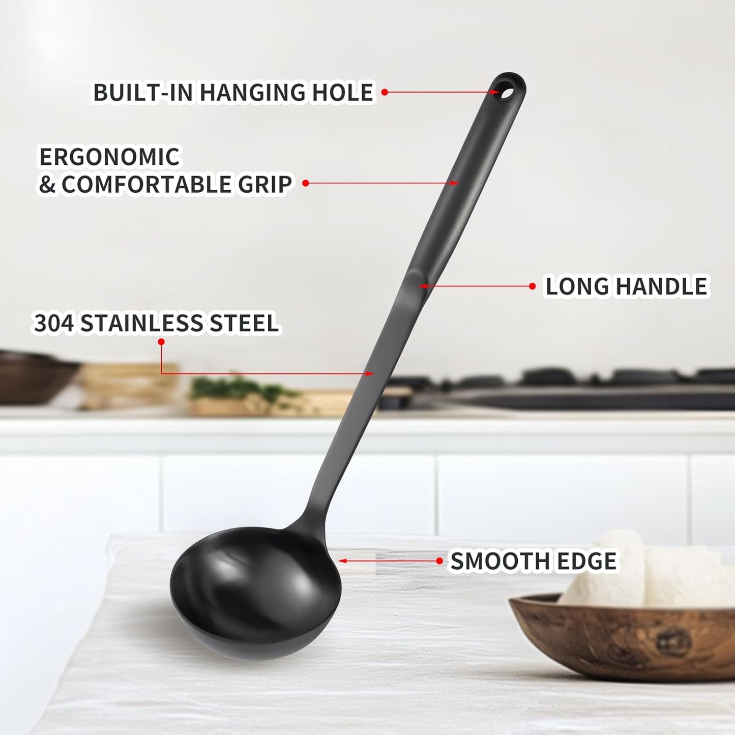 304 Stainless Steel Cooking Utensils Set, 8PCS Kitchen Utensils Set, Include Skimmer, Soup Ladle, Spaghetti Server, Wok Spatula, Slotted Spoon, Solid Spoon, Slotted Spatula Turner & Meat Fork, Black