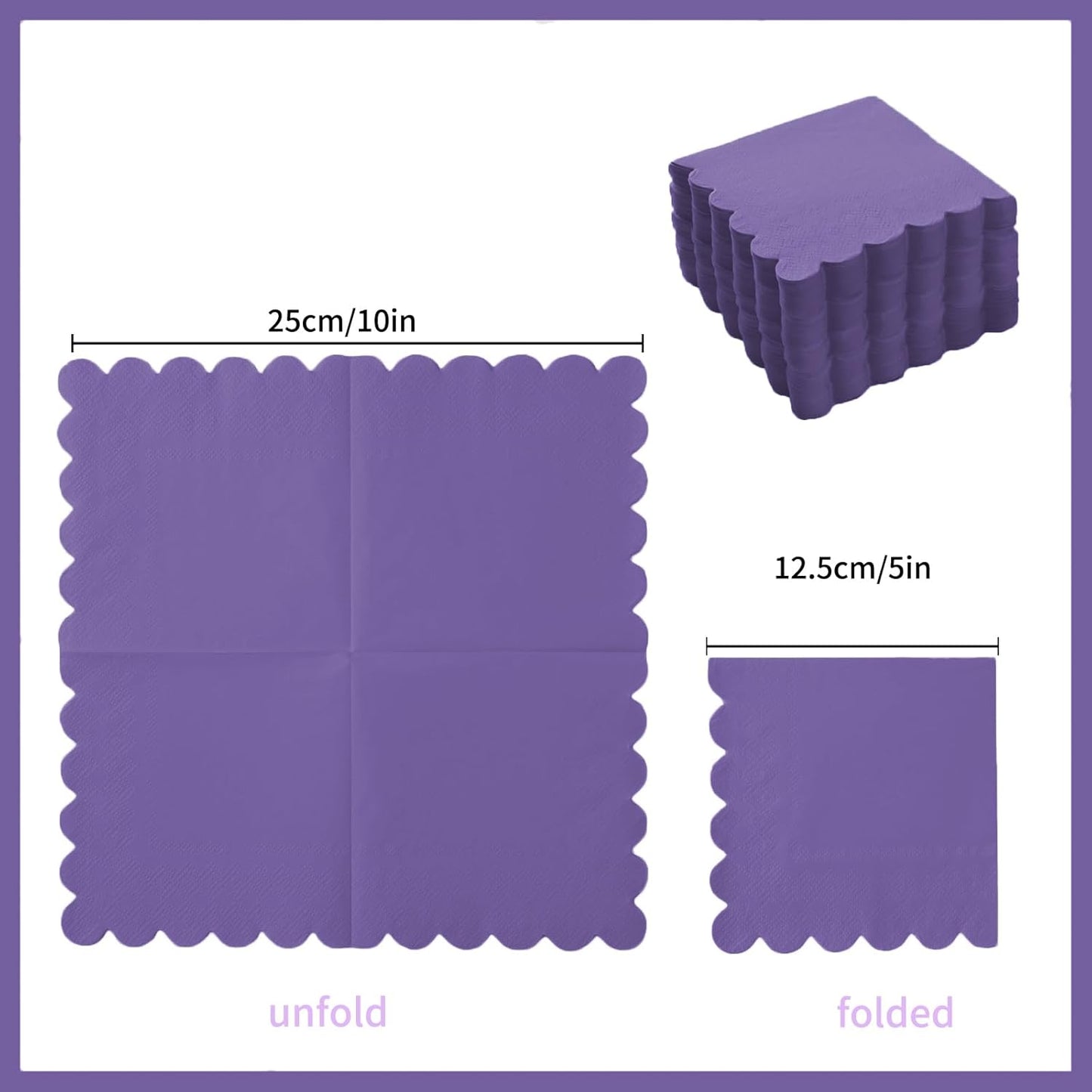 100 Pack Cocktail Napkin 2-Ply Scalloped Edged Dessert Napkins Folded 5 x 5 Inches Disposable Napkins for Dinner Wedding Birthday Party Bridal Anniversary Reception Event (Dark Purple)