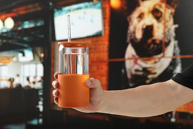 Sunseeke Glass Tumbler with Straw and Lid, 16oz Ice Coffee Cup, Silicone Sleeve Cleaning Brushes, Drinking Glasses for Water, Iced Coffee, Smoothie -BPA Free -3Pack