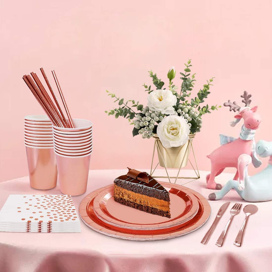 Rose Gold Birthday Party Favors for Women Rose Gold Plates and Napkins Party Supplies,Disposable Paper Plates and Cups Set for First Day of School,Bridal Shower,Baby Showers,Christmas, Serves 20