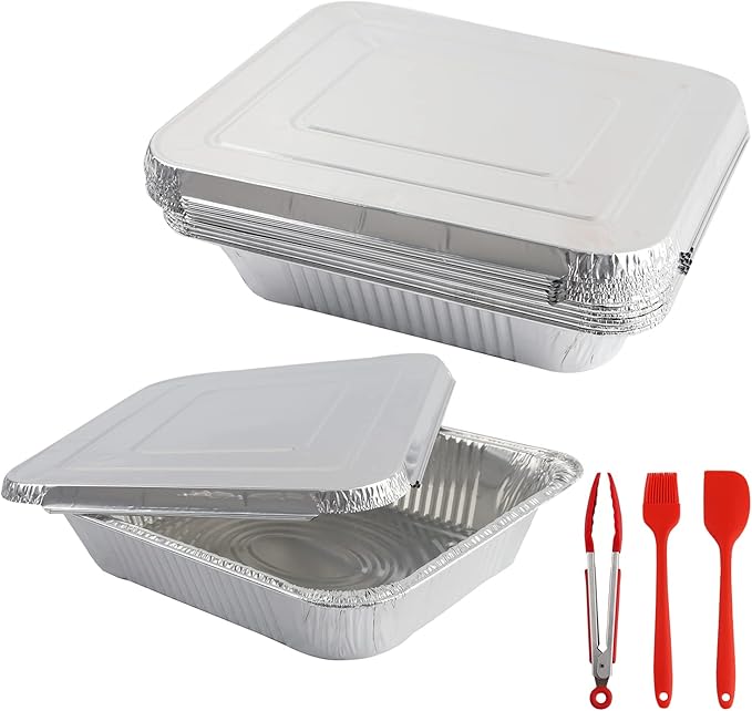 10 Pack Aluminum Pans With Lids,12.5x10.2 Extra Heavy Duty Durable Disposable Aluminum Foil Pans,Half Size Deep Steam Table Pans -Baking Pans for Cooking,Food Prepping,Party Holidays BBQ