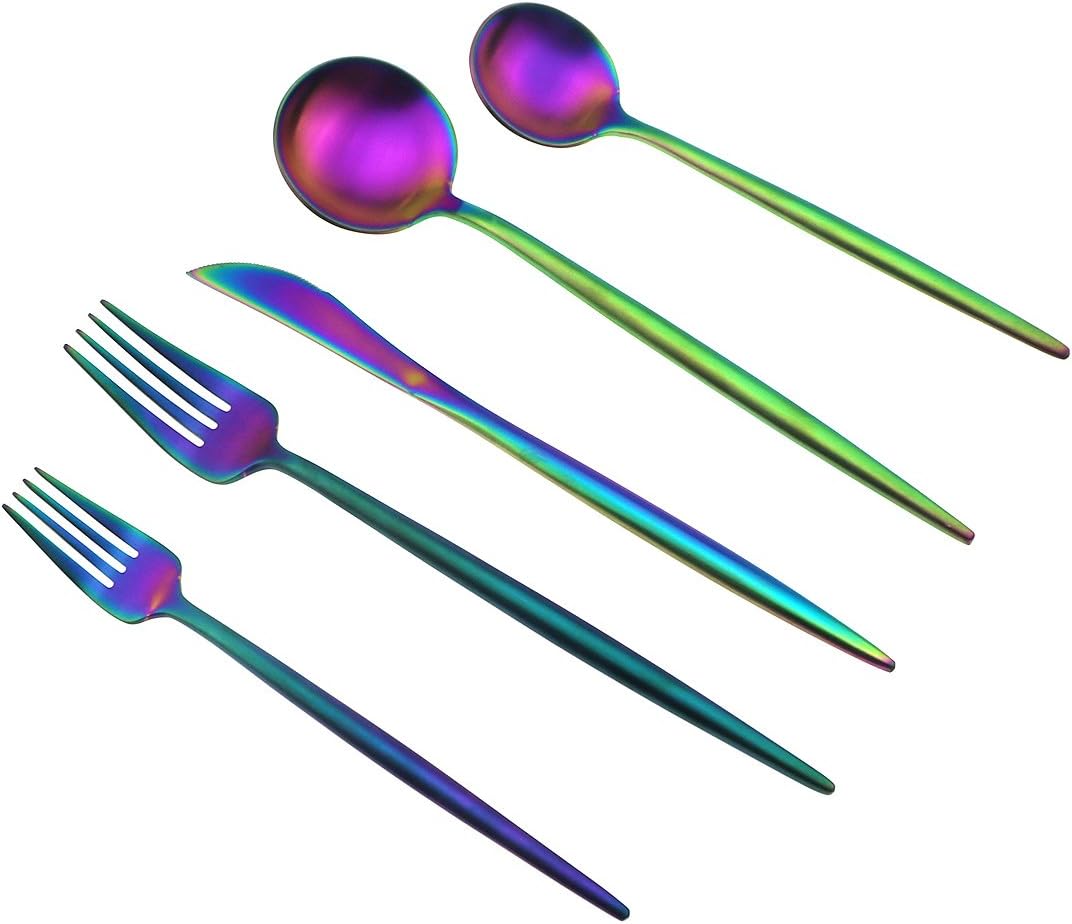 JASHII 18/10 Stainless Steel 5-Piece Matte Rainbow colorful Flatware Set,Dinner Knife Fork Salad Fork Dessert Spoon, Service for 1, Luxury Silverware Cutlery Utensil Sets