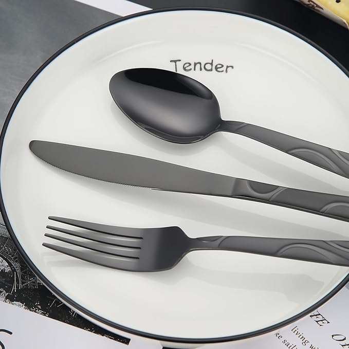 Black Silverware Set, 30 Pieces Stainless Steel Flatware Utensils, Cutlery Set Service for 6 Including Fork Spoon and Knife, Dishwasher Safe