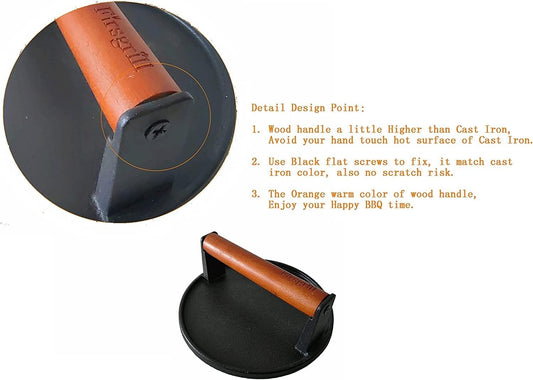 Firsgrill 2-Pack Burger Press 7.08" Round,Heavy-Duty Cast Iron Smash Burger Press Meat Steak with Wood Handle for Blackstone Camp Chef Pitboss Weber Griddle Grills (2 Round)