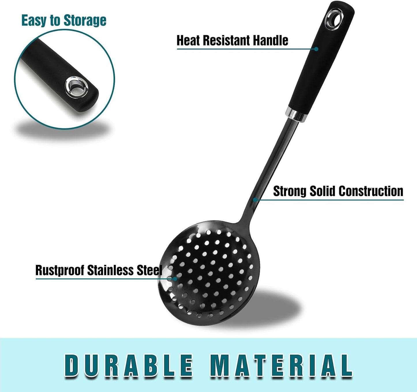 Skimmer Spoon, Slotted Spoons for Cooking, Slotted Spoon, Kitchen Stainless Steel Serving Spoons, Stainless Steel Strainer, Black