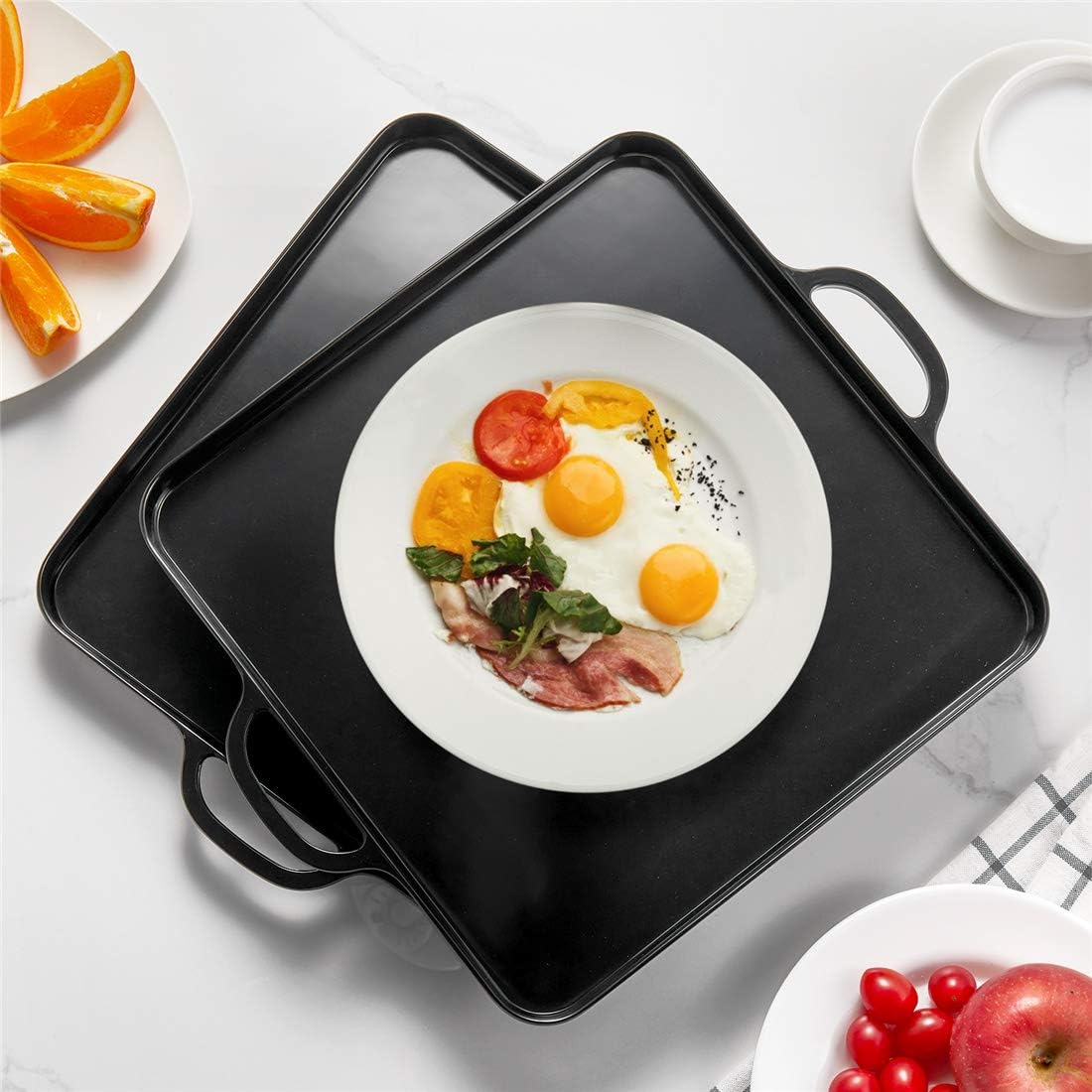 Square Serving Trays with Handles Melamine Black 12.5x12.5 Inch Spill Proof Kitchen Eating Trays Set of 2 for Cafeteria Cafe Food Appeizer Dessert Snack Dinner Lunch Breakfast,TR16-02