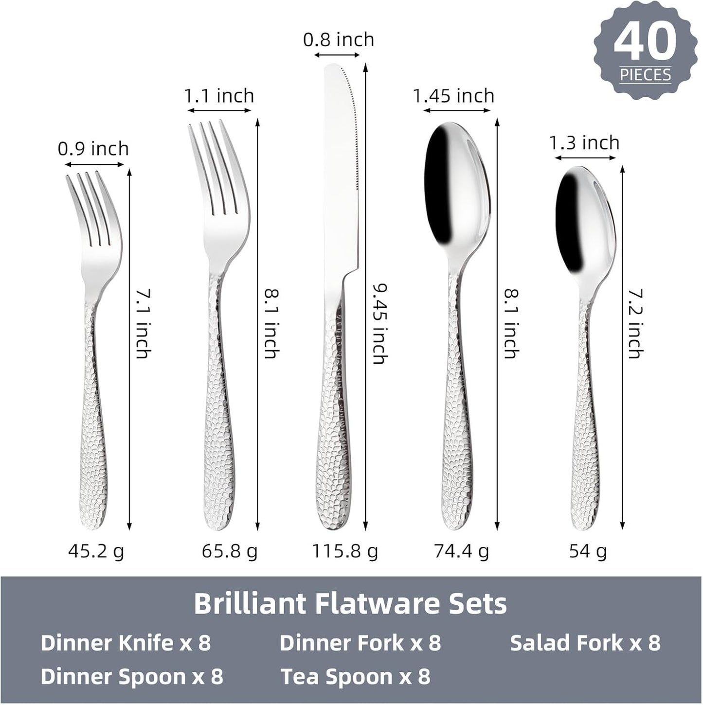 Hammered Silverware Set, CITESANA 40-Piece Heavy Duty Mirror Polished Stainless Steel Flatware Set Cutlery Set Flatware Service for 8