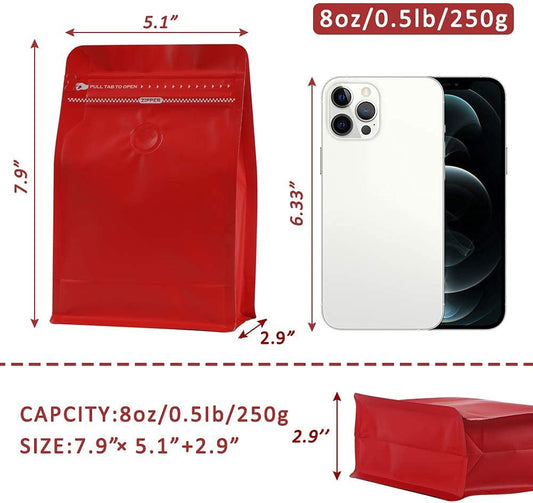 REMTAP Coffee Bags with Valve (50pcs,8oz) Red High Barrier Aluminumed Foil Flat Bottom Standing Coffee Beans Storage Bags,Reusable Heat Sealable Side Zipper Pouches for Home or Store