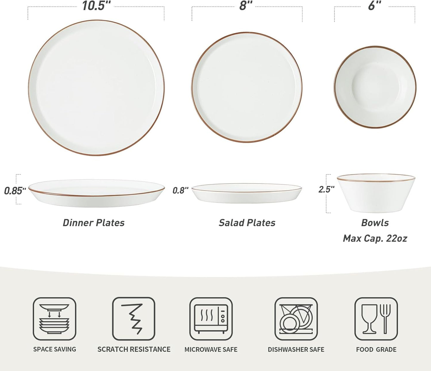 Famiware Saturn Dinnerware Sets, Speckled Plates and Bowls Sets for 4, 12 Pieces Stoneware Dish Set - Chip and Scratch Resistant, Microwave and Dishwasher Safe Tableware Set, White with Rim