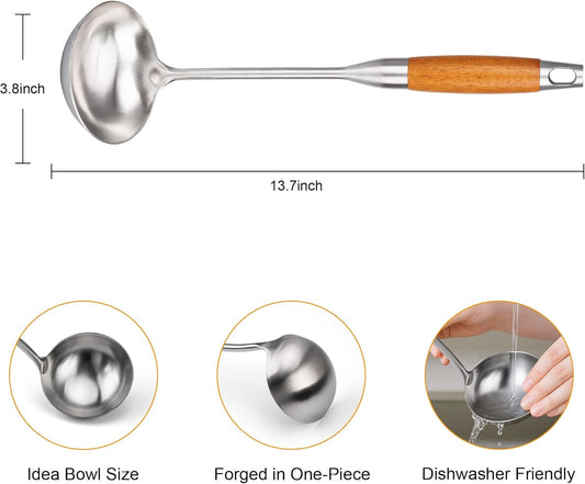 FJNATINH Soup Ladle, Stainless Steel Ladle with Heat Resistant Wooden Handle, Food Grade Metal Cooking Soup Spoon Kitchen Tools, Easy to Clean