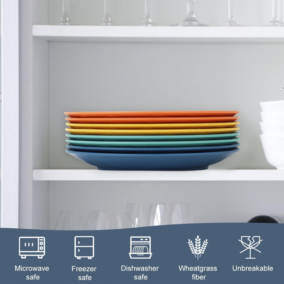 Homienly Flat Dinner Plates Set of 8 Alternative for Plastic Plates Microwave and Dishwasher Safe Wheat Straw Plates for Kitchen Unbreakable Kids Plates with Pattern (Multi, 9 inch), MS 01