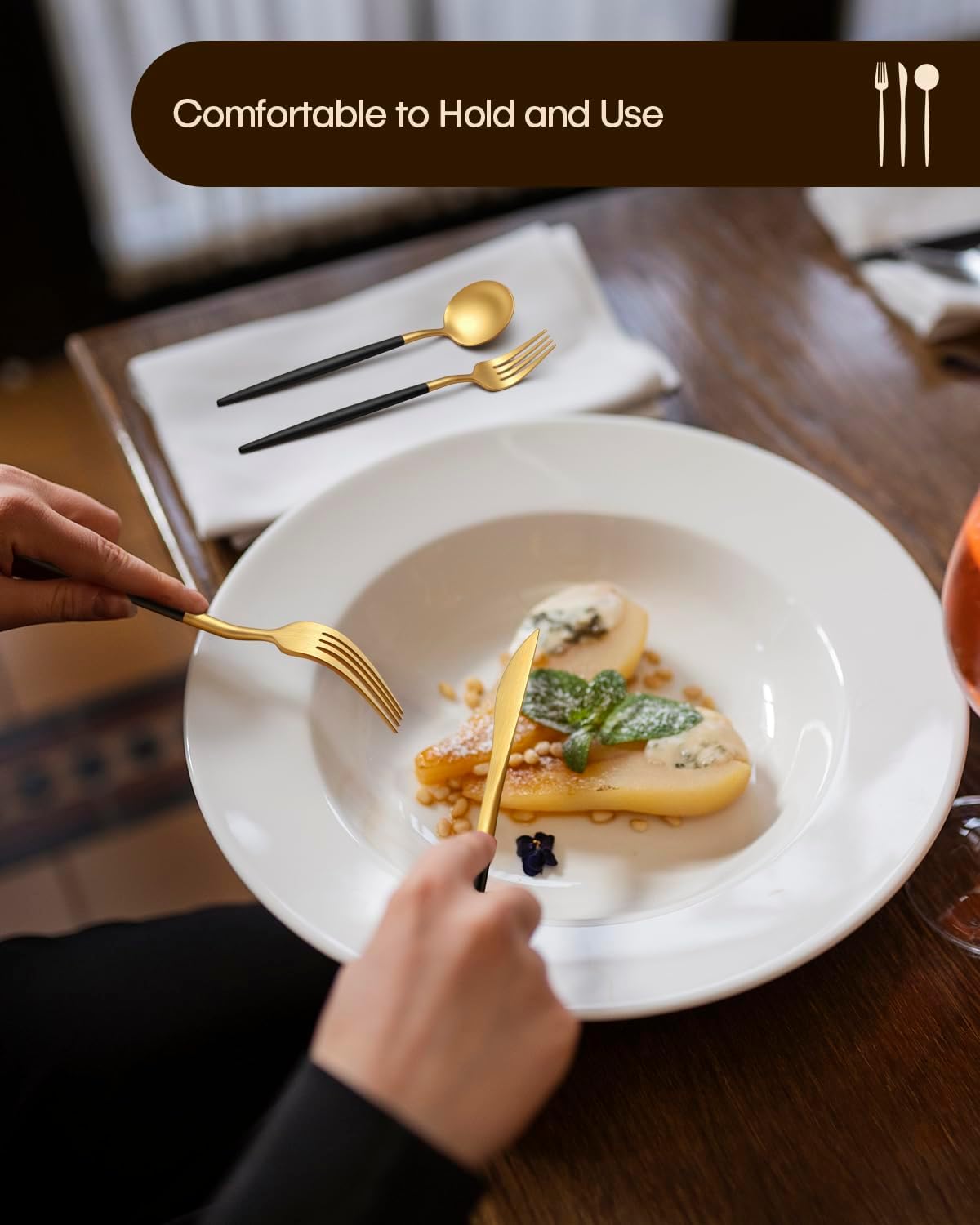 Stapava 20-Piece Matte Black Gold Silverware Set, Stainless Steel Gold Utensils Cutlery Set, Satin Finish Flatware for 4, Include Forks Spoons and Knives Set for Home and Restaurant, Dishwasher Safe